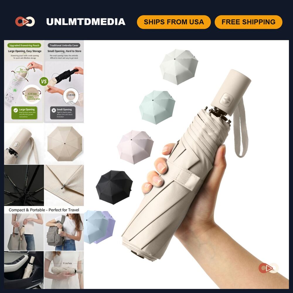 Compact UV Protection Travel Umbrella - Windproof, 42" for Sun & Rain, UPF 50+